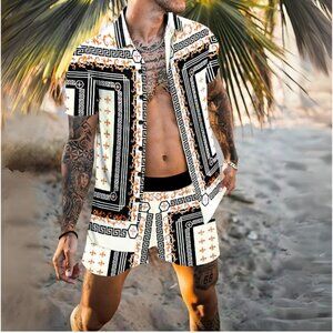 Men's Black & White Print Collared Neck Short Sleeve Top & Shorts Resort Outfit